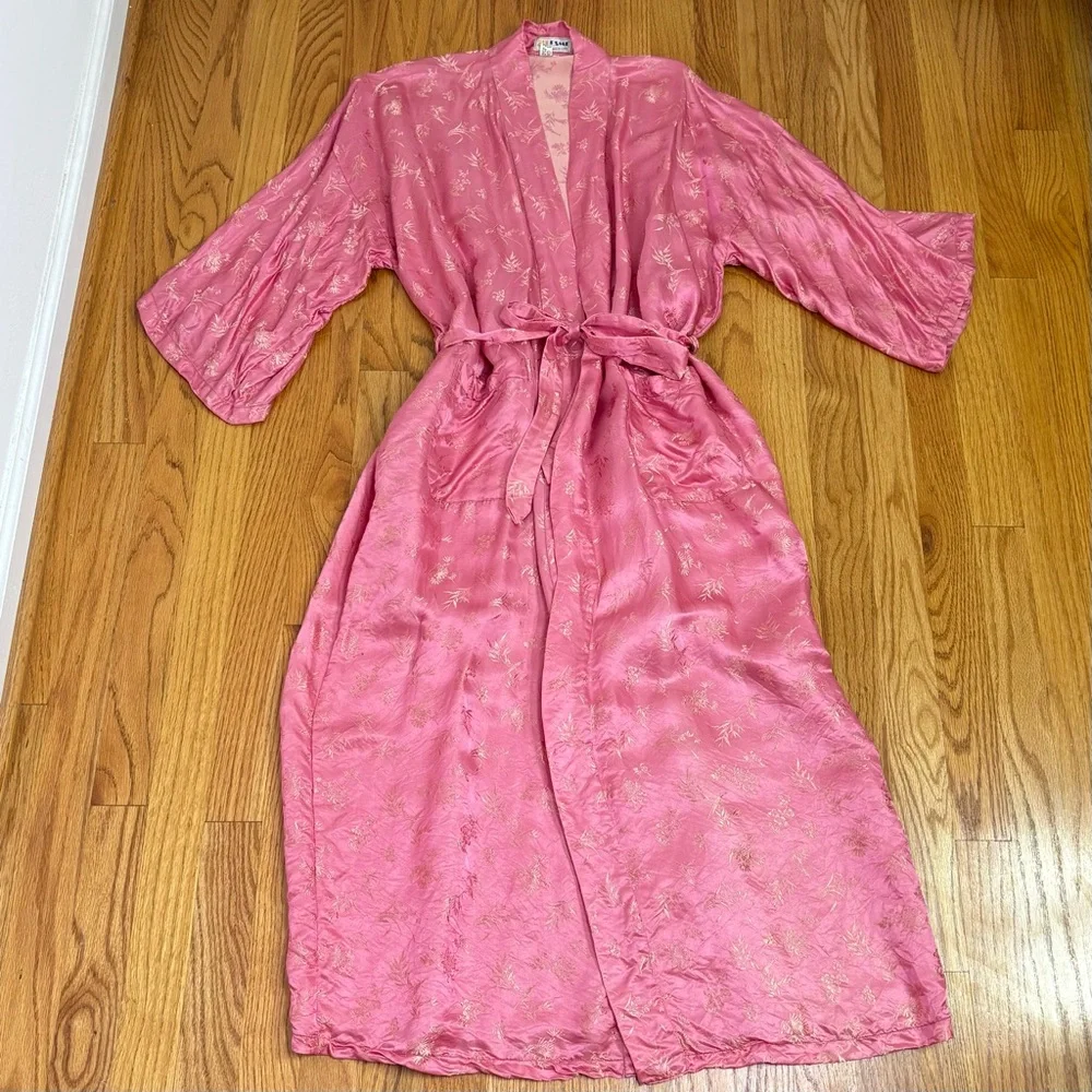 ESME Vintage Asian Oriental Embroidered Jacquard Long Silk Belted Kimono Robe M - Picture 3 of 16